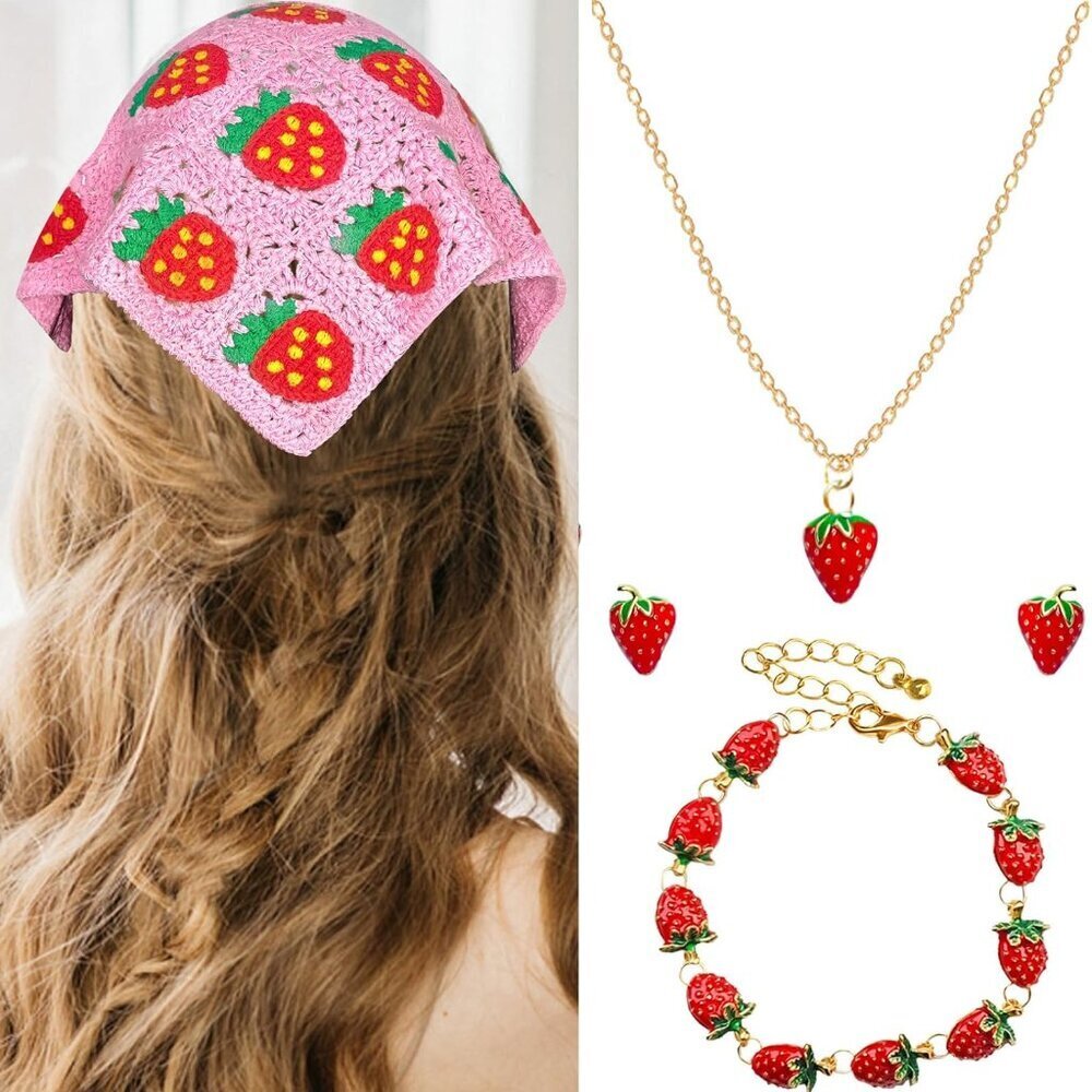 Strawberry Jewelry Set Women Necklace Earrings Bracelet Headband Gift - Picture 7 of 8